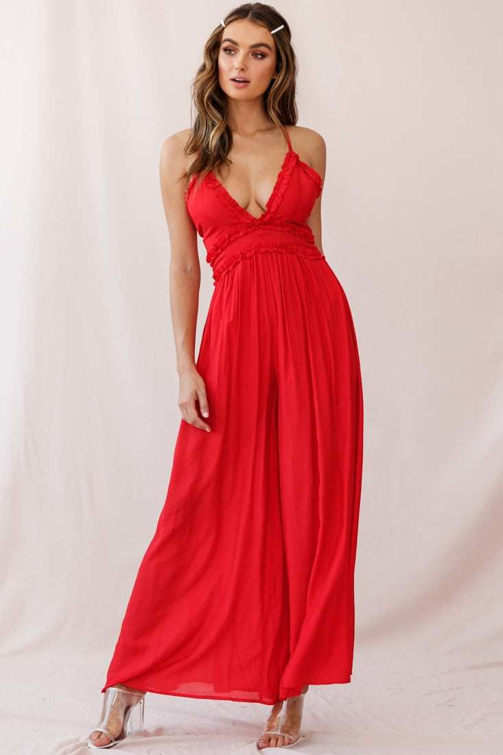 Laney Wide Leg Ruffle Detail Jumpsuit Red by Selfie Leslie