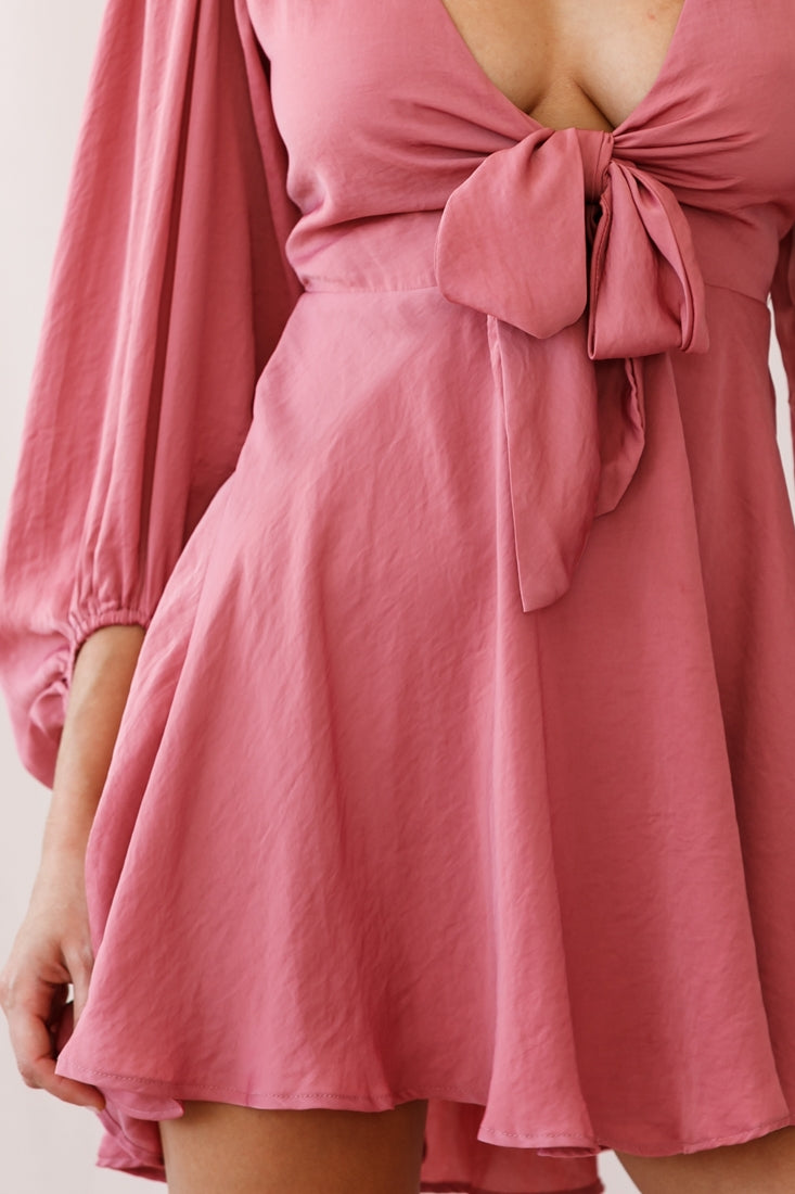Madison Bow Tie Bust Balloon Sleeve Dress Rose by Selfie Leslie
