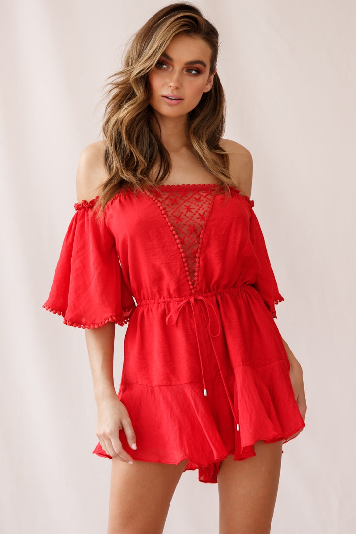 Yonna Off-Shoulder Mesh Detail Drawstring Romper Red by Selfie Leslie