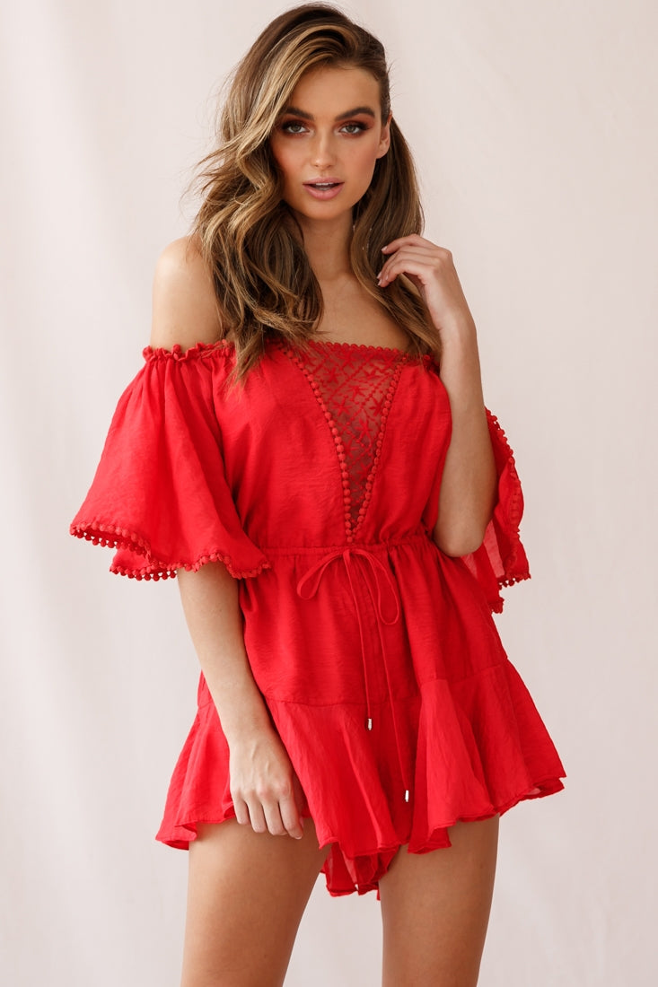 Yonna Off-Shoulder Mesh Detail Drawstring Romper Red by Selfie Leslie