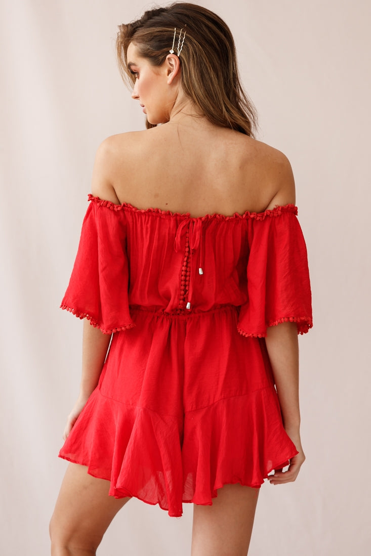 Yonna Off-Shoulder Mesh Detail Drawstring Romper Red by Selfie Leslie
