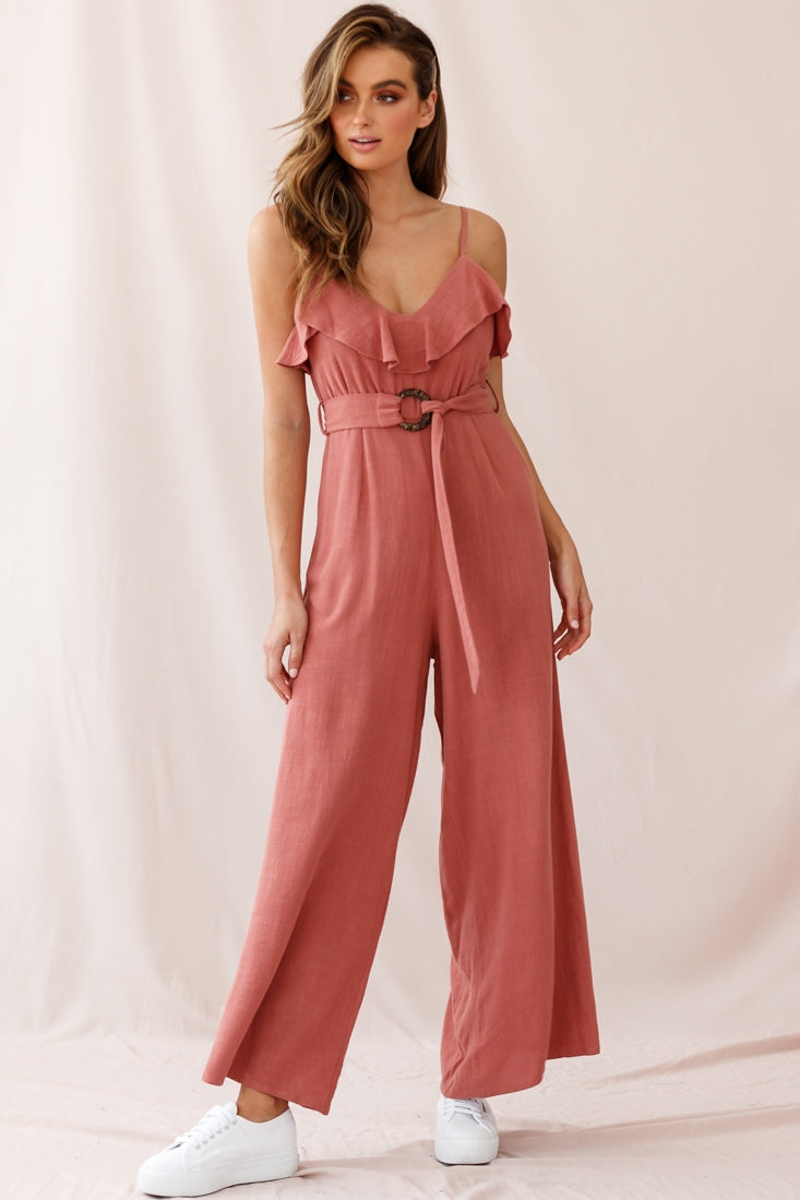 Mason Ruffle Neckline Wooden Buckle Belt Jumpsuit Rose by Selfie Leslie