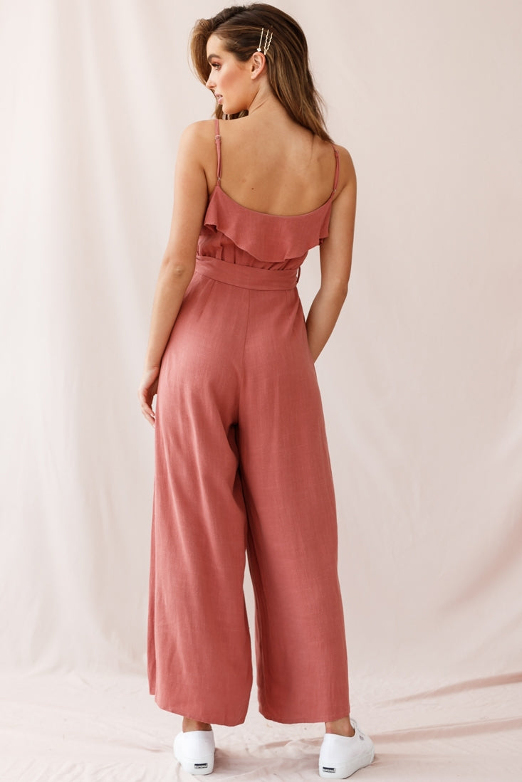 Mason Ruffle Neckline Wooden Buckle Belt Jumpsuit Rose by Selfie Leslie