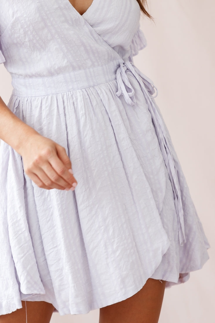 Cara Frill Trim Wrap Dress Stripe Print Lavender by Selfie Leslie
