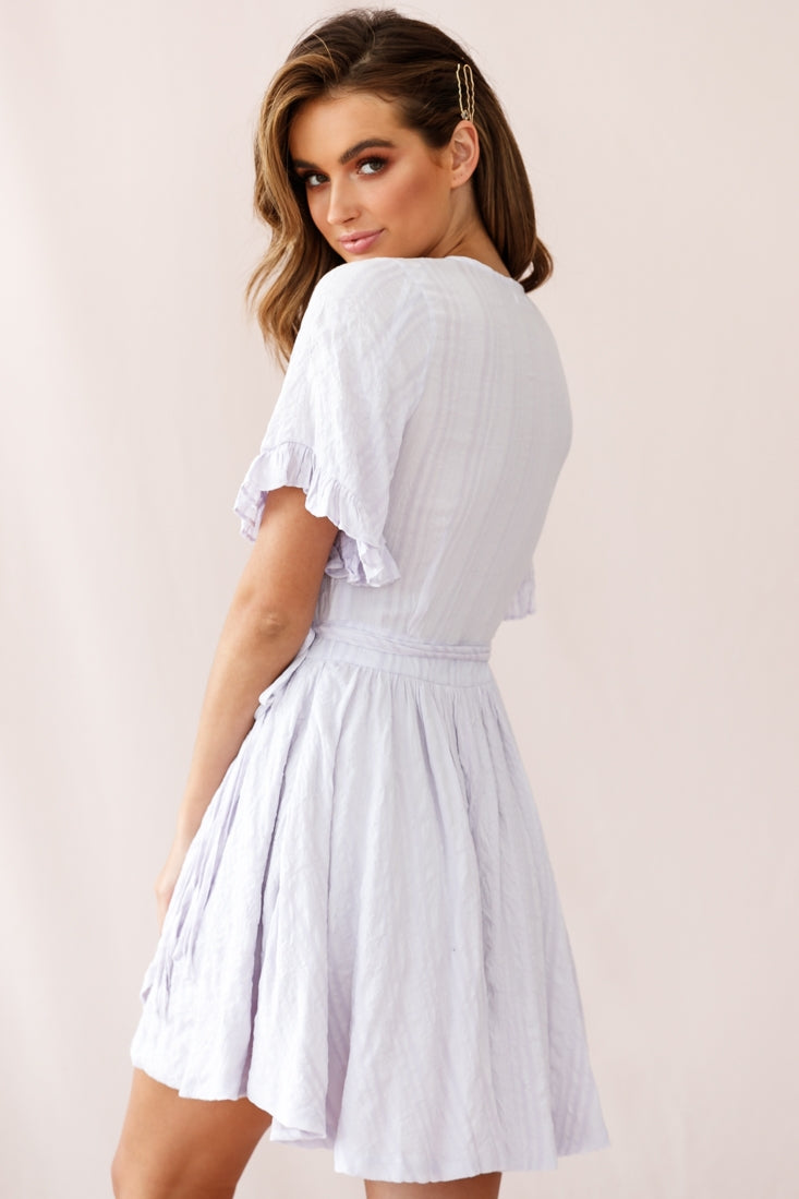 Cara Frill Trim Wrap Dress Stripe Print Lavender by Selfie Leslie