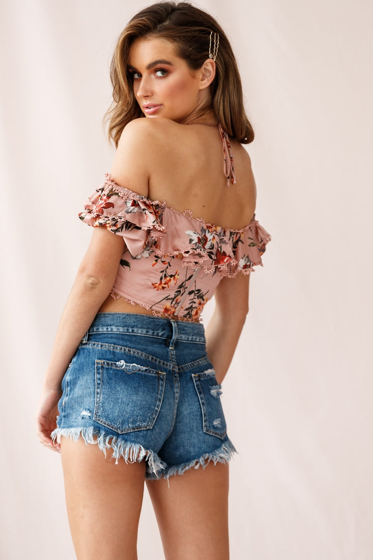 Dallas Halterneck Ruffle Sleeve Crop Top Floral Print Rose by Selfie Leslie
