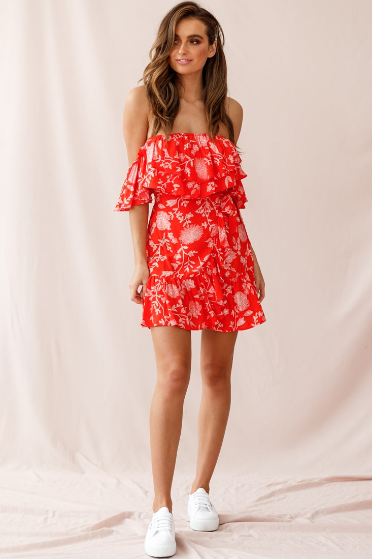 Audrina Off-Shoulder Wrap Dress Floral Print Red by Selfie Leslie