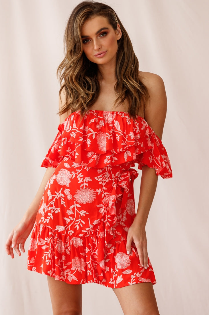 Audrina Off-Shoulder Wrap Dress Floral Print Red by Selfie Leslie