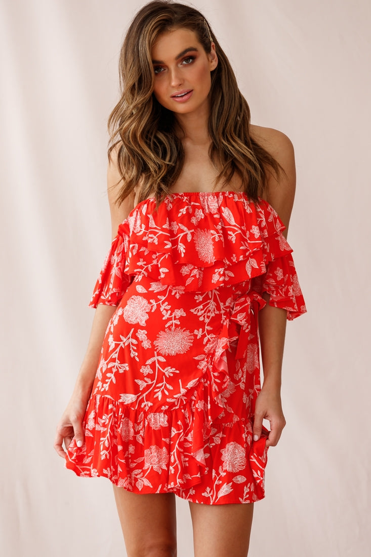 Audrina Off-Shoulder Wrap Dress Floral Print Red by Selfie Leslie