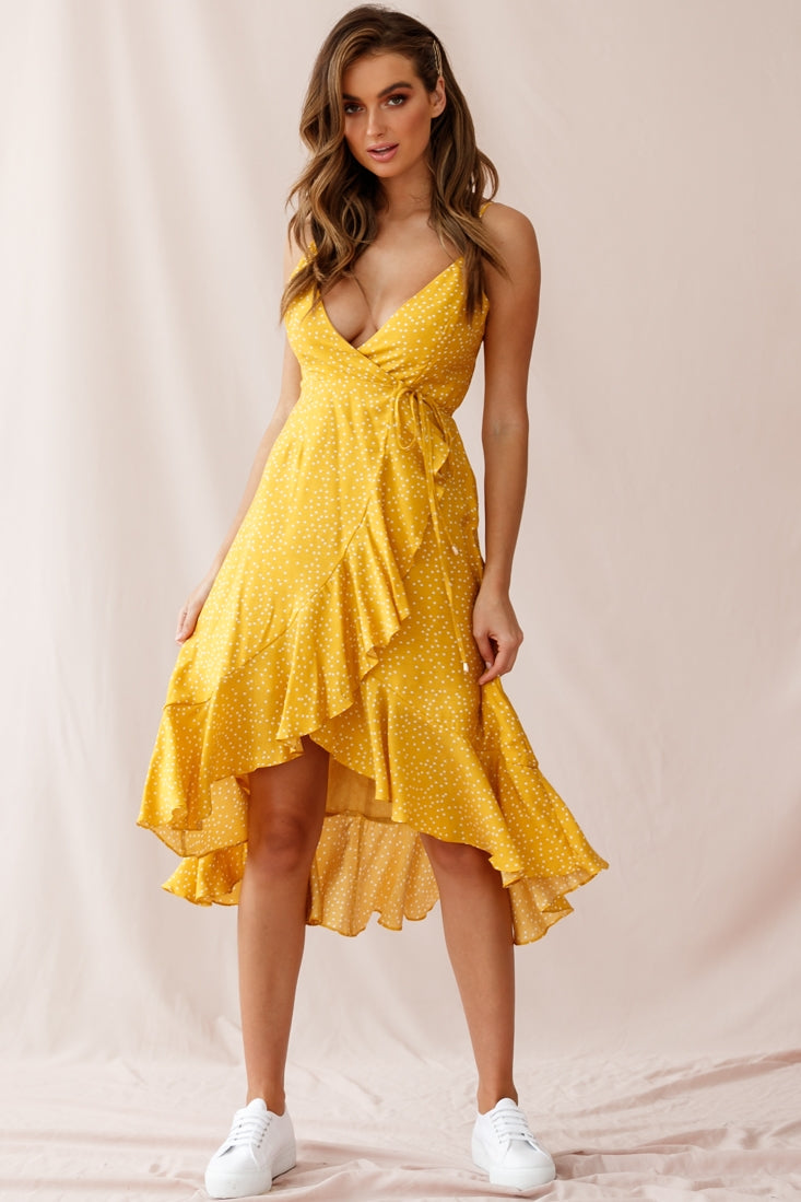 Blessed Wrap Ruffle Hem Midi Dress Dot Print Mustard by Selfie Leslie