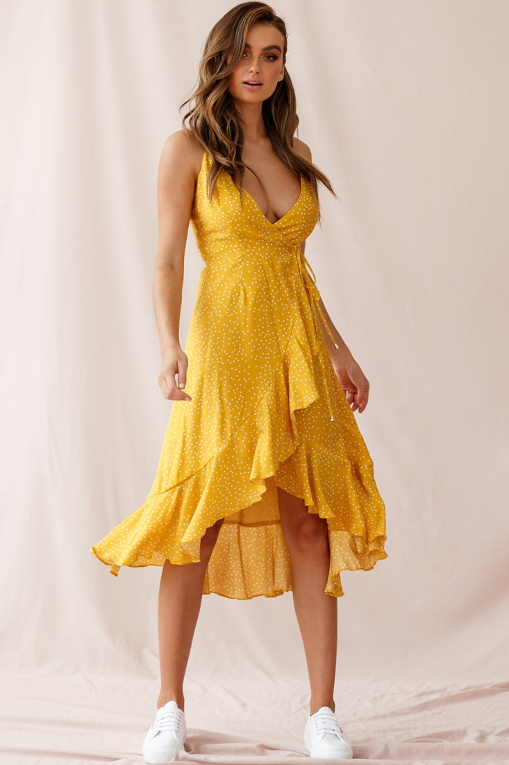 Blessed Wrap Ruffle Hem Midi Dress Dot Print Mustard by Selfie Leslie