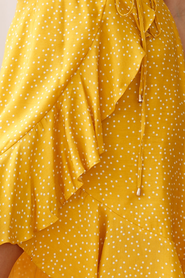 Blessed Wrap Ruffle Hem Midi Dress Dot Print Mustard by Selfie Leslie