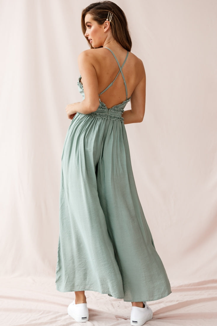 Laney Wide Leg Ruffle Detail Jumpsuit Olive by Selfie Leslie