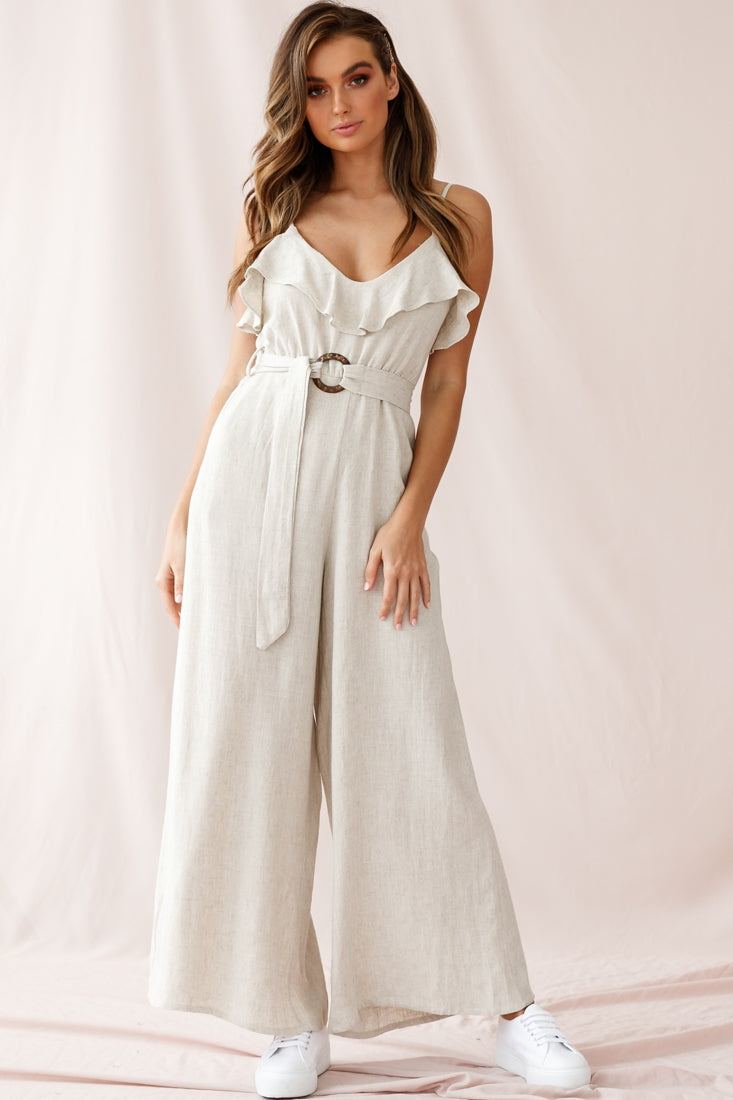 Mason Ruffle Neckline Wooden Buckle Belt Jumpsuit Natural by Selfie Leslie