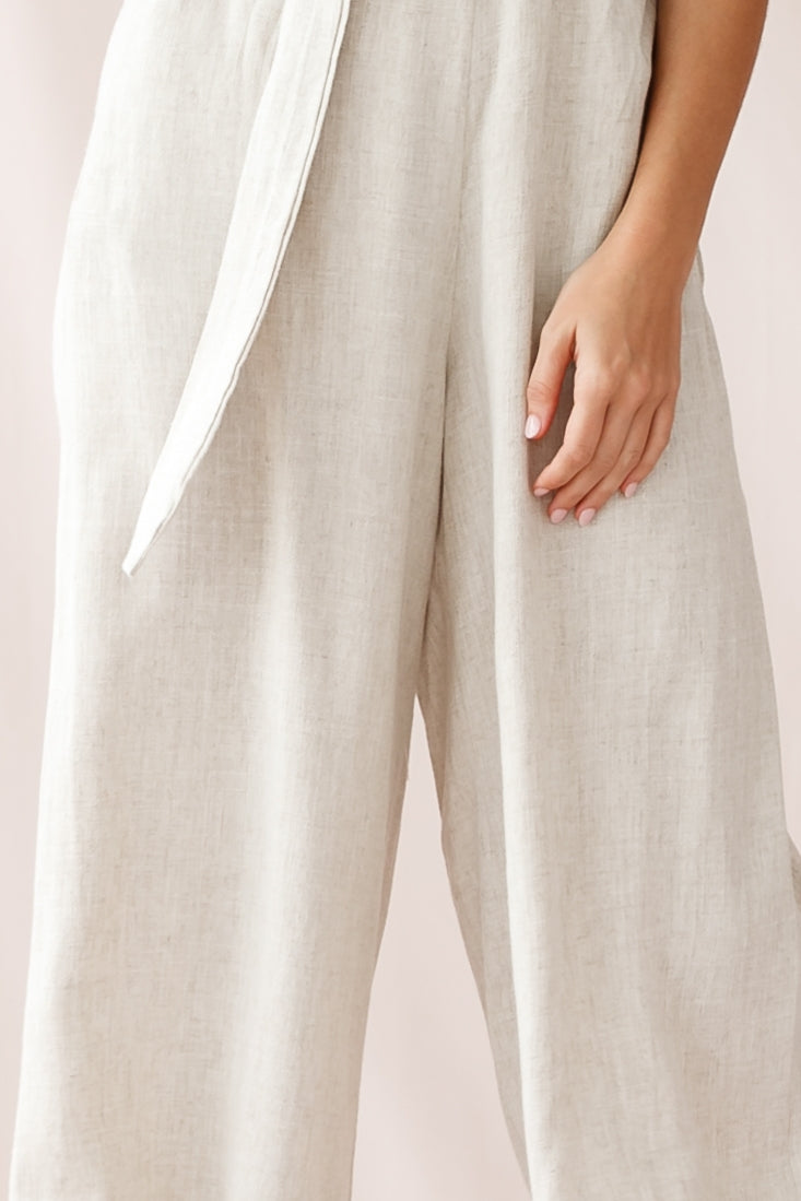 Mason Ruffle Neckline Wooden Buckle Belt Jumpsuit Natural by Selfie Leslie