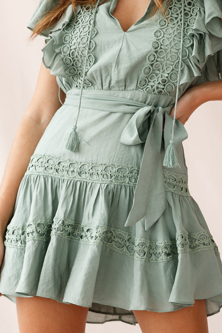 Sheridan Double Frill Sleeve Crochet Detail Dress Olive by Selfie Leslie