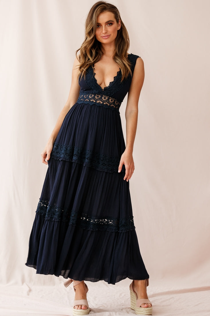 Indio Crochet Insert Deep V-Neckline Maxi Dress Navy by Selfie Leslie