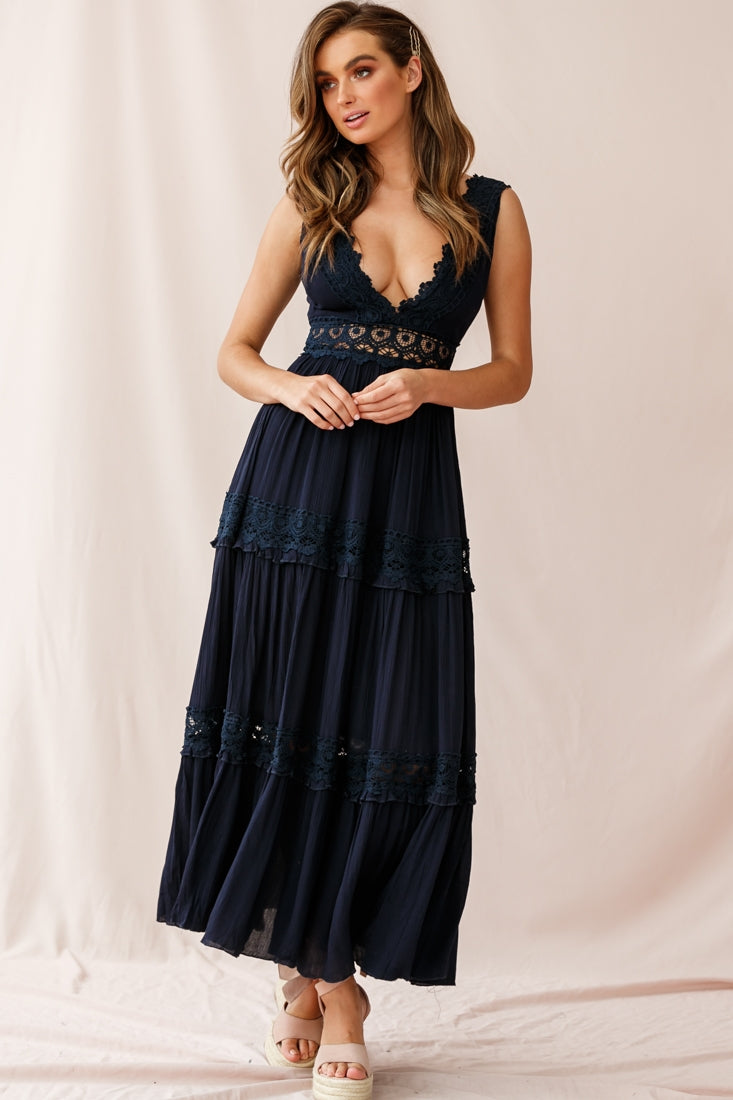 Indio Crochet Insert Deep V-Neckline Maxi Dress Navy by Selfie Leslie