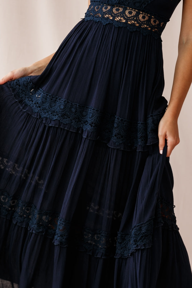 Indio Crochet Insert Deep V-Neckline Maxi Dress Navy by Selfie Leslie