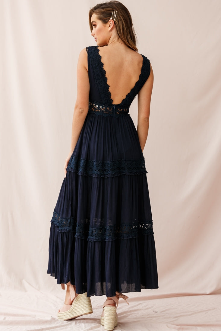 Indio Crochet Insert Deep V-Neckline Maxi Dress Navy by Selfie Leslie