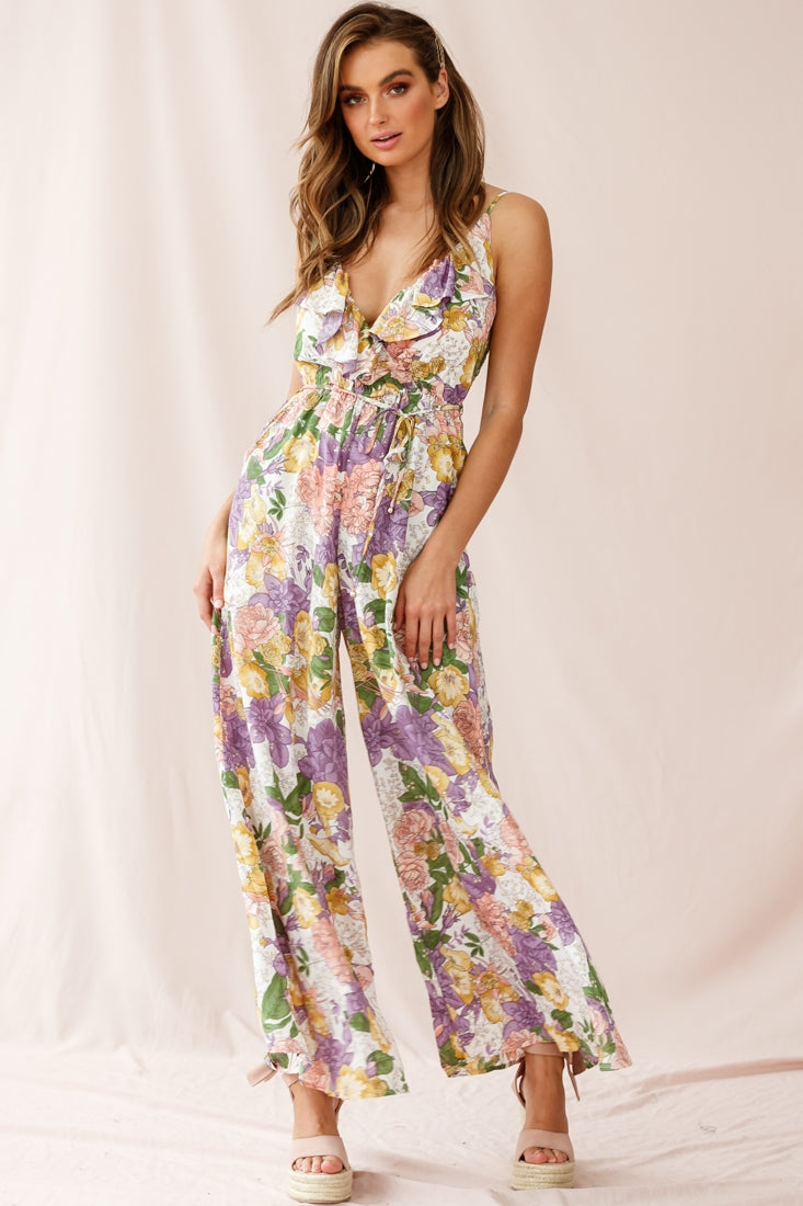 Melita Ruffle V-Neckline Jumpsuit Purple Print by Selfie Leslie
