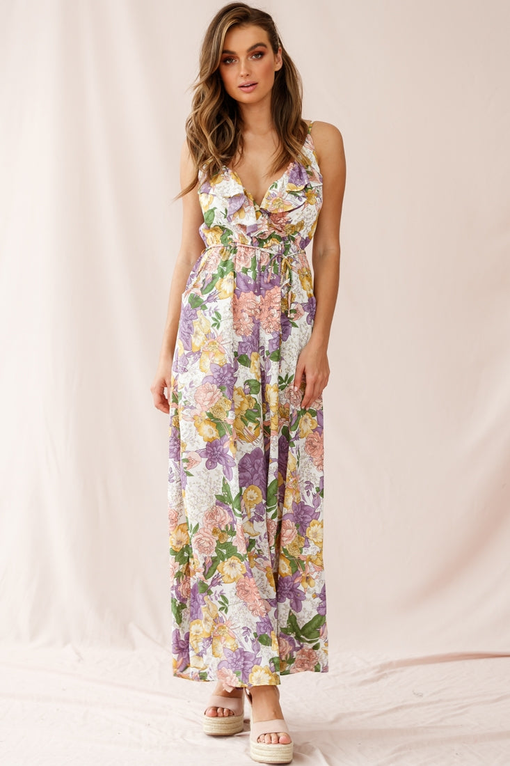 Melita Ruffle V-Neckline Jumpsuit Purple Print by Selfie Leslie