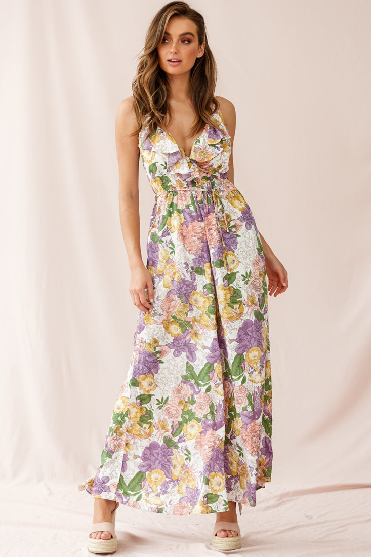 Melita Ruffle V-Neckline Jumpsuit Purple Print by Selfie Leslie
