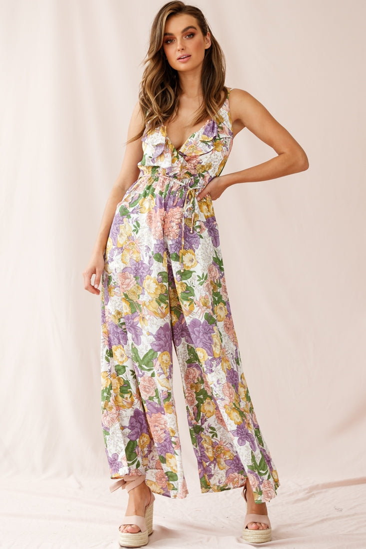 Melita Ruffle V-Neckline Jumpsuit Purple Print by Selfie Leslie