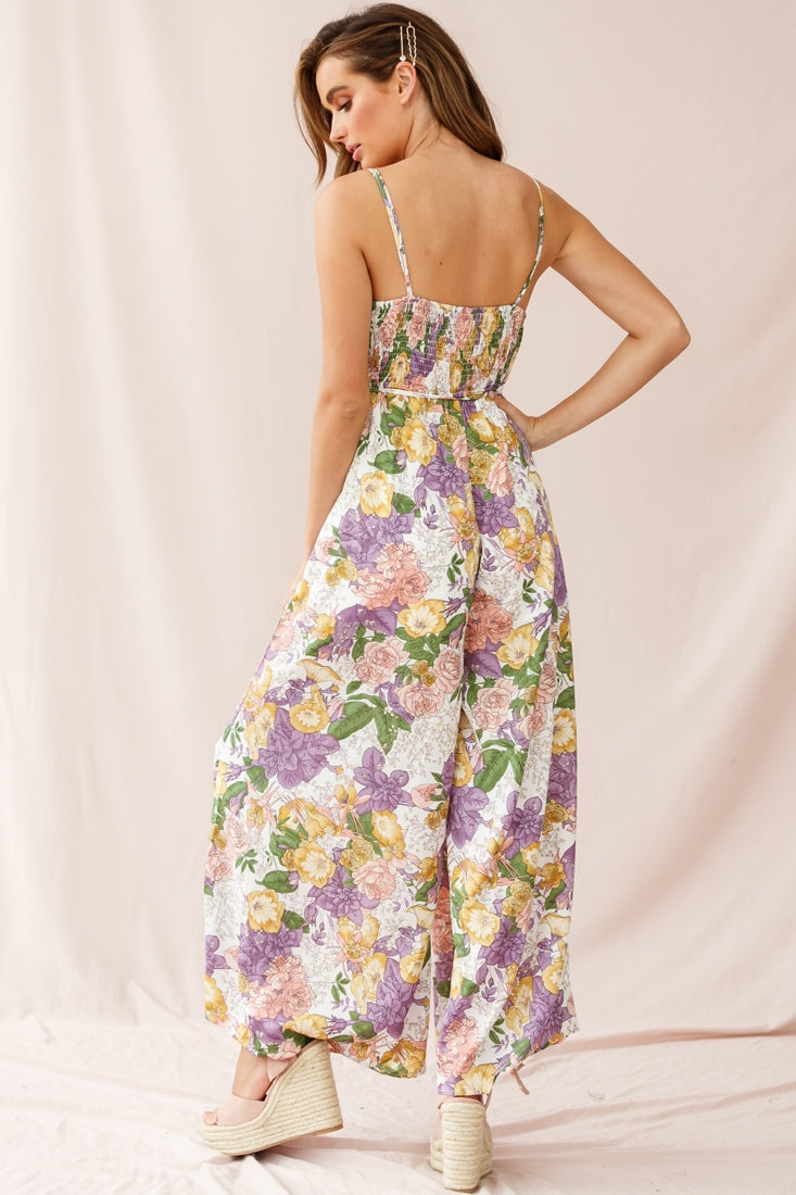 Melita Ruffle V-Neckline Jumpsuit Purple Print by Selfie Leslie