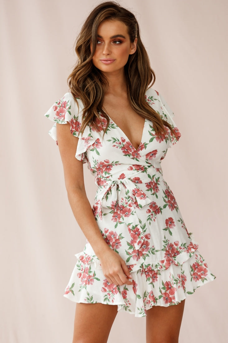 Love Letter Ruffle Sleeve Waist Tie Dress Floral Print White by Selfie Leslie