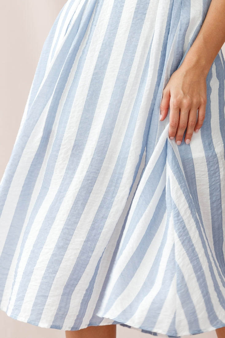 Crystal Tied Knot Belt Midi Dress Stripe Print Blue by Selfie Leslie