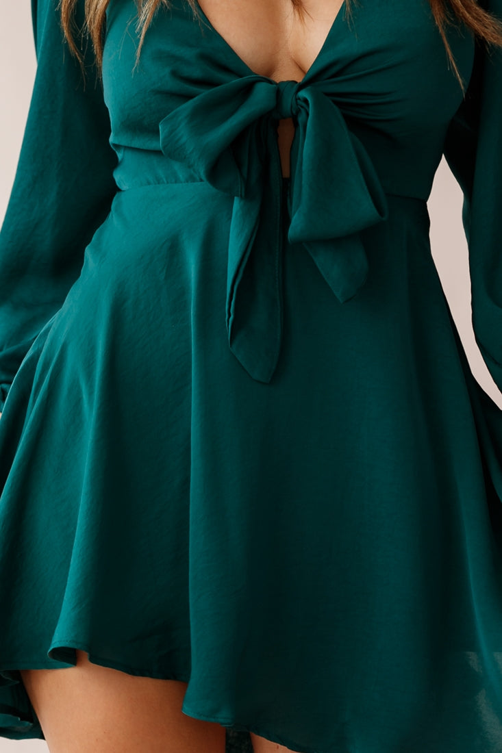 Madison Bow Tie Bust Balloon Sleeve Dress Forest Green by Selfie Leslie