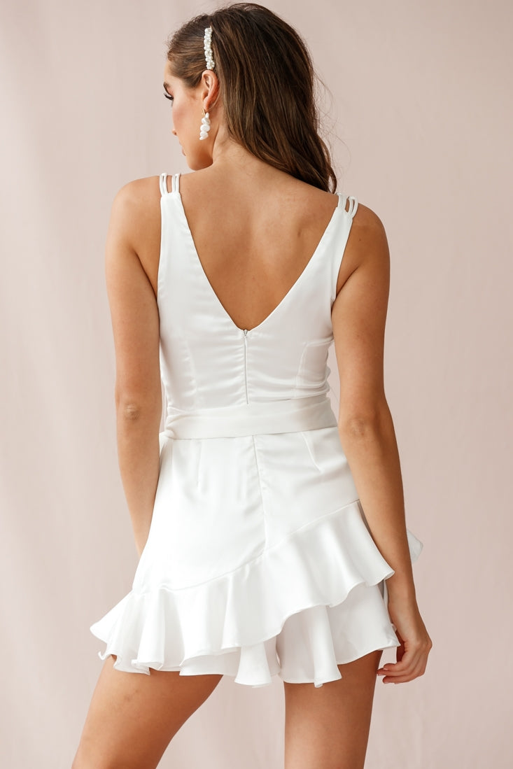Wishful Thinking Plunging Neckline Ruffle Hem Romper White by Selfie Leslie