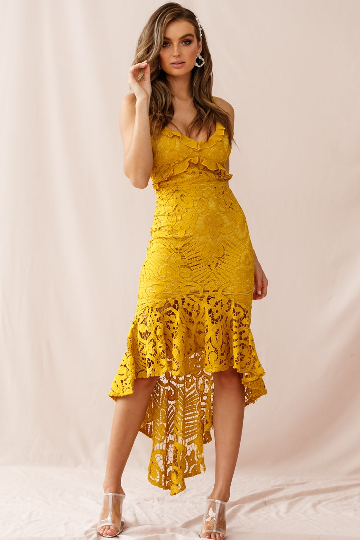 Shakeera High-Low Hem Lace Dress Mustard by Selfie Leslie