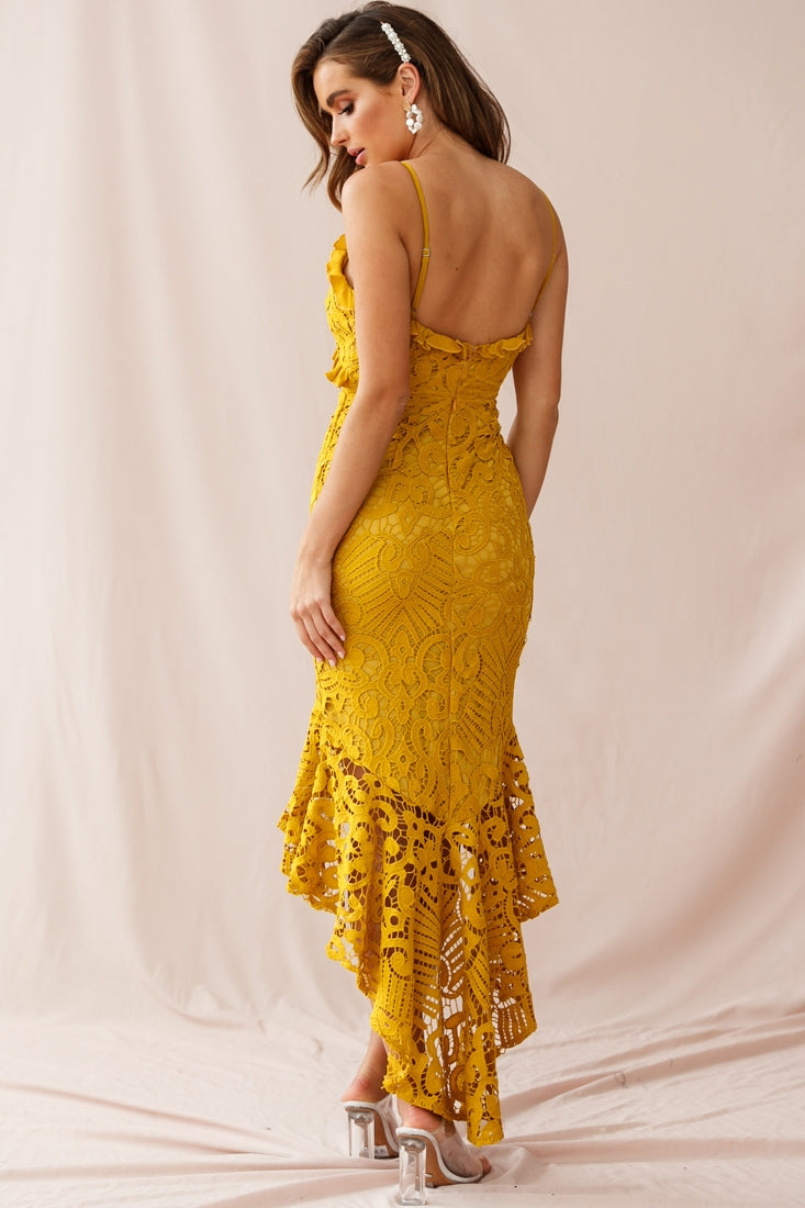 Shakeera High-Low Hem Lace Dress Mustard by Selfie Leslie
