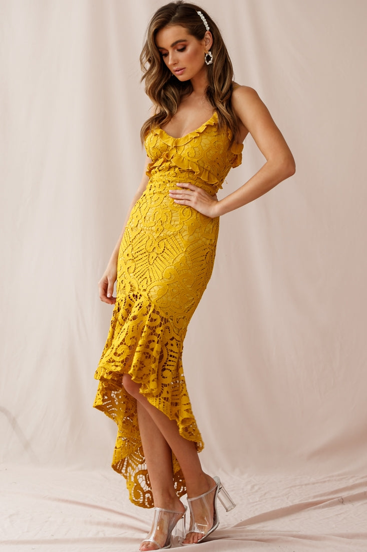 Shakeera High-Low Hem Lace Dress Mustard by Selfie Leslie