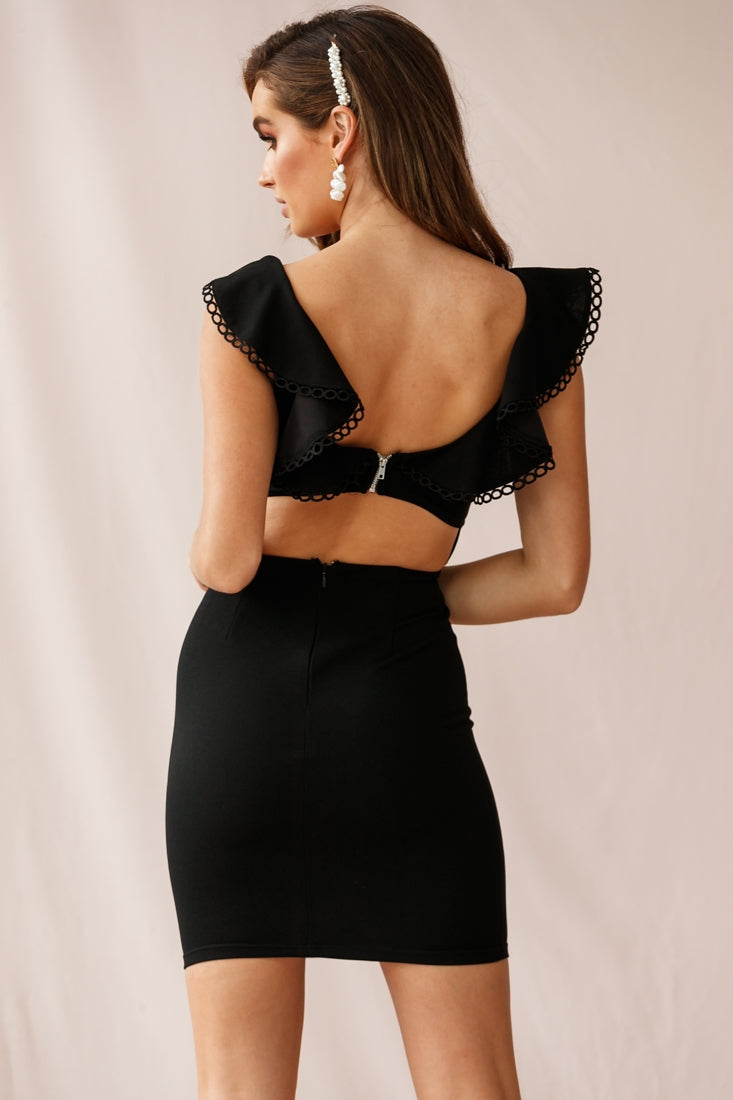 Ari Ruffle Crochet Detail Mini Dress Black by Selfie Leslie