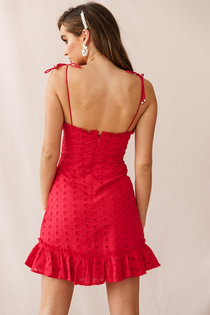 Pippa Eyelet Embroidered Frill Trim Dress Red by Selfie Leslie