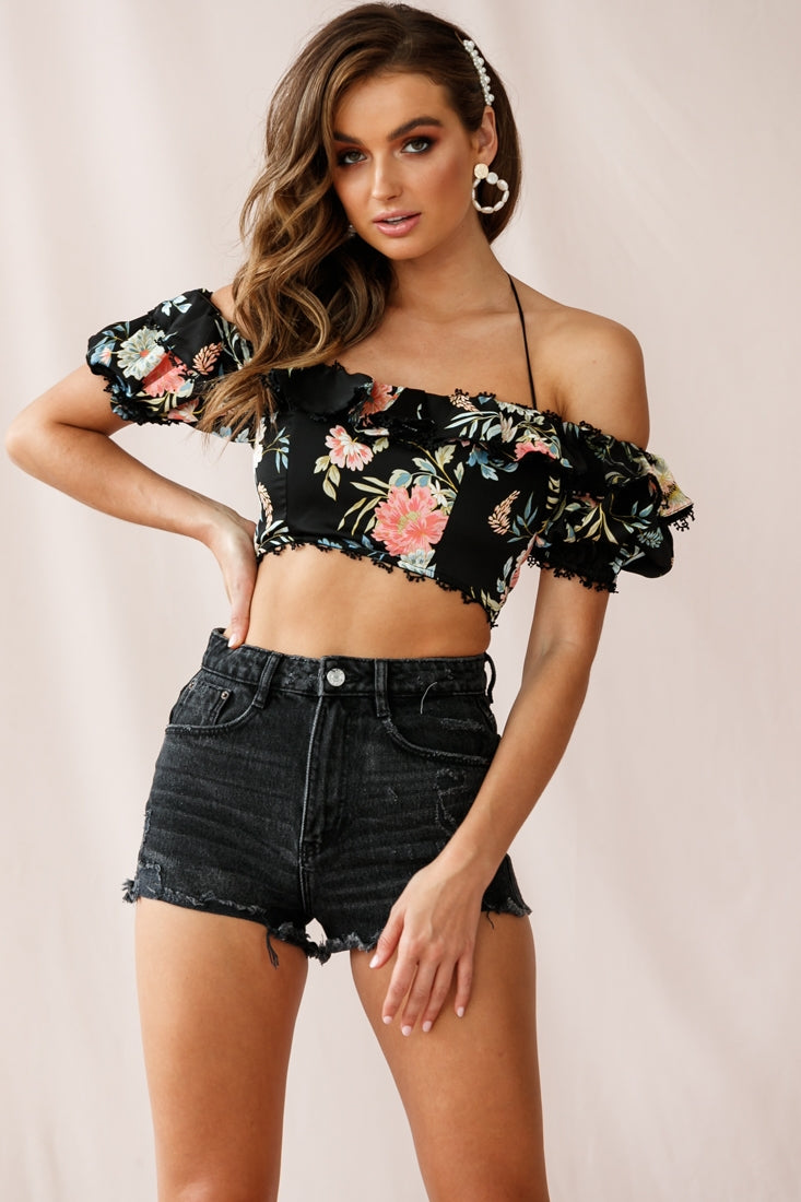 Dallas Halterneck Ruffle Sleeve Crop Top Floral Print Black by Selfie Leslie