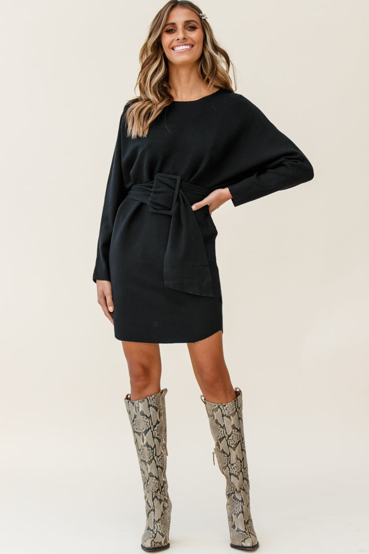 Lorelei Long Sleeve Wide Belt Knit Dress Black by Selfie Leslie