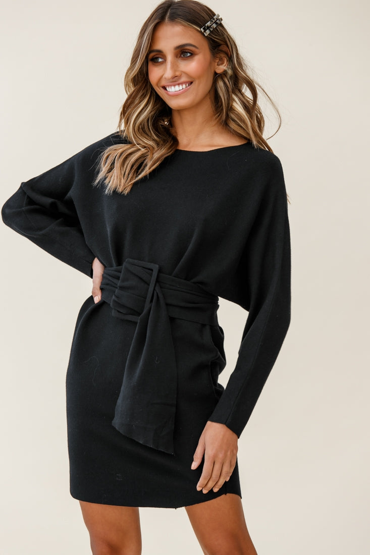 Lorelei Long Sleeve Wide Belt Knit Dress Black by Selfie Leslie
