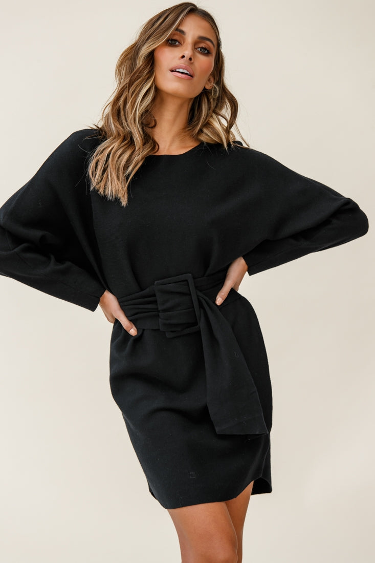 Lorelei Long Sleeve Wide Belt Knit Dress Black by Selfie Leslie
