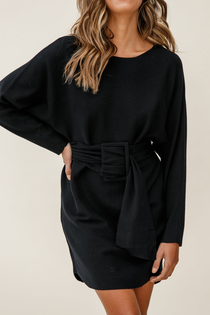 Lorelei Long Sleeve Wide Belt Knit Dress Black by Selfie Leslie