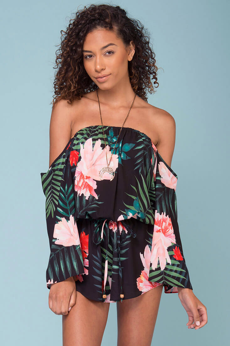 Alyssa Floral Off The Shoulder Romper Black by Selfie Leslie