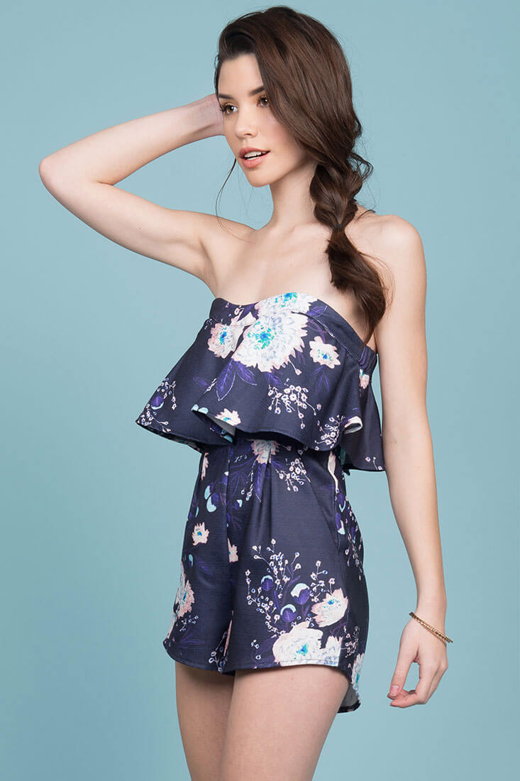 Fiesta Floral Ruffle Party Romper Navy by Selfie Leslie