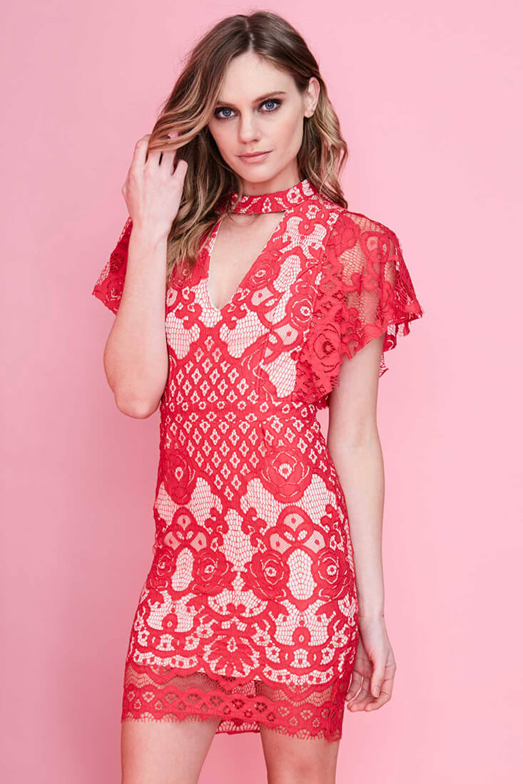 Vesper Lace Mini Dress Red by Selfie Leslie