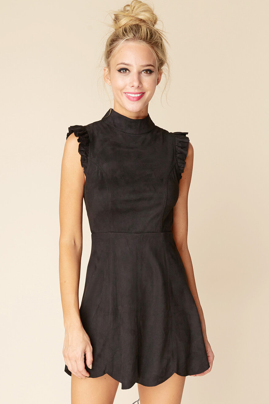 Kylie Ruffled Sleeve Suede Dress Black by Selfie Leslie