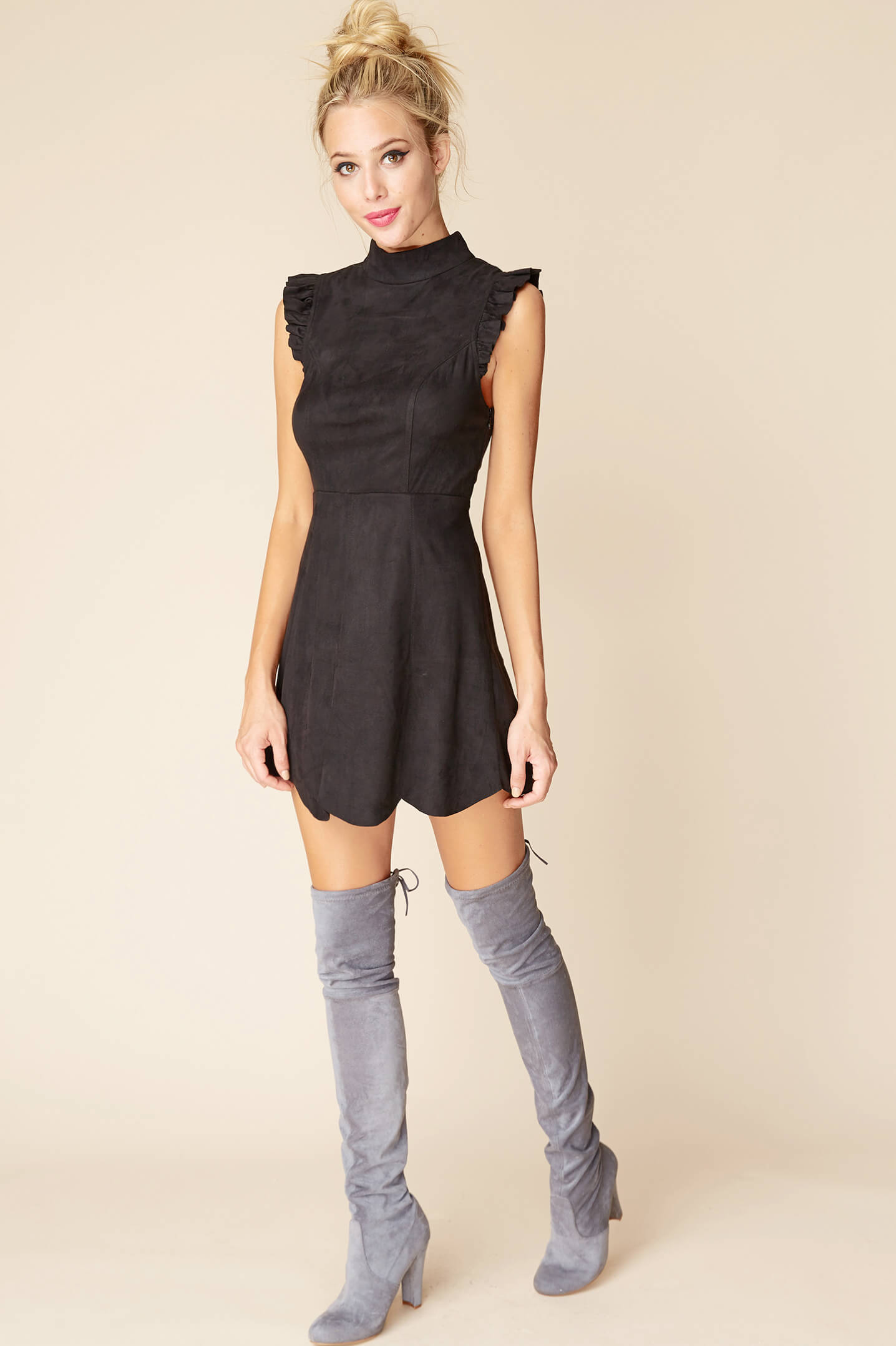 Kylie Ruffled Sleeve Suede Dress Black by Selfie Leslie