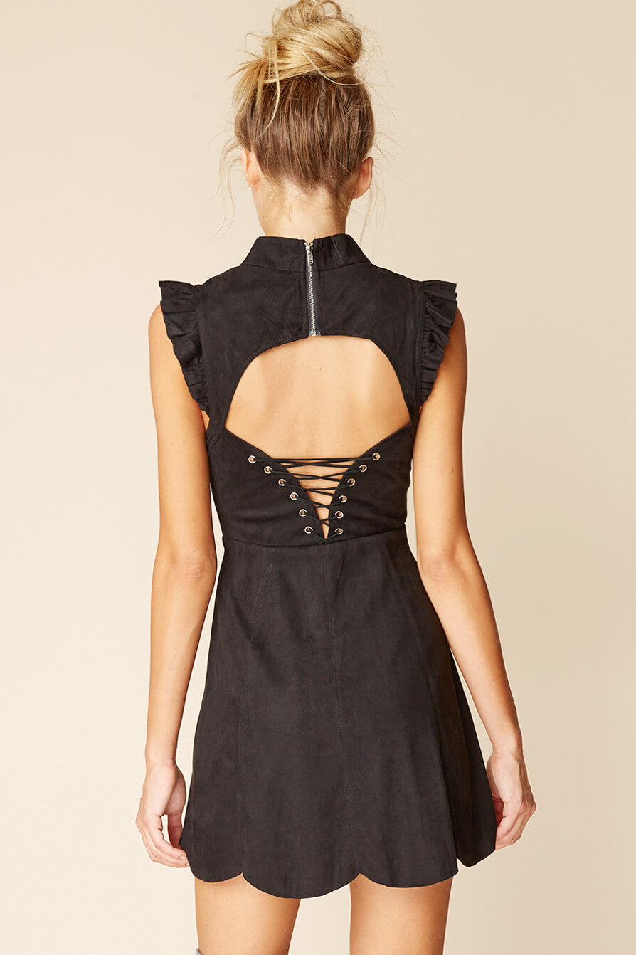 Kylie Ruffled Sleeve Suede Dress Black by Selfie Leslie