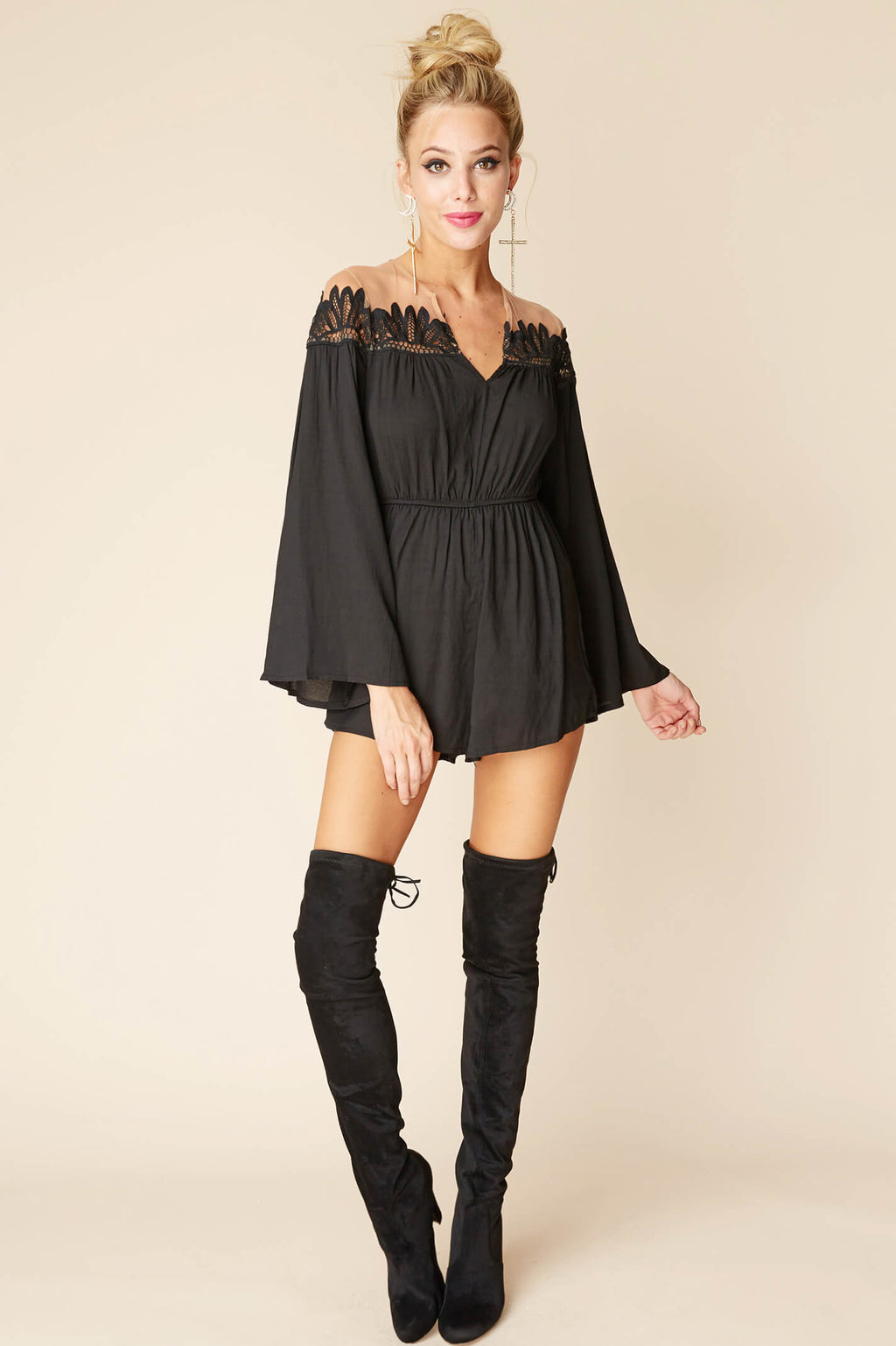 Brittany Bell Sleeve Romper Black by Selfie Leslie